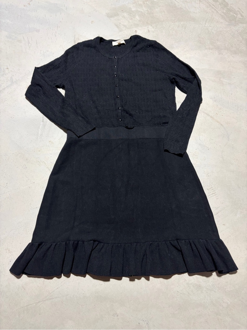 Sezane Black Knit Diana Ruffle-Hem Dress XL long sleeve hole